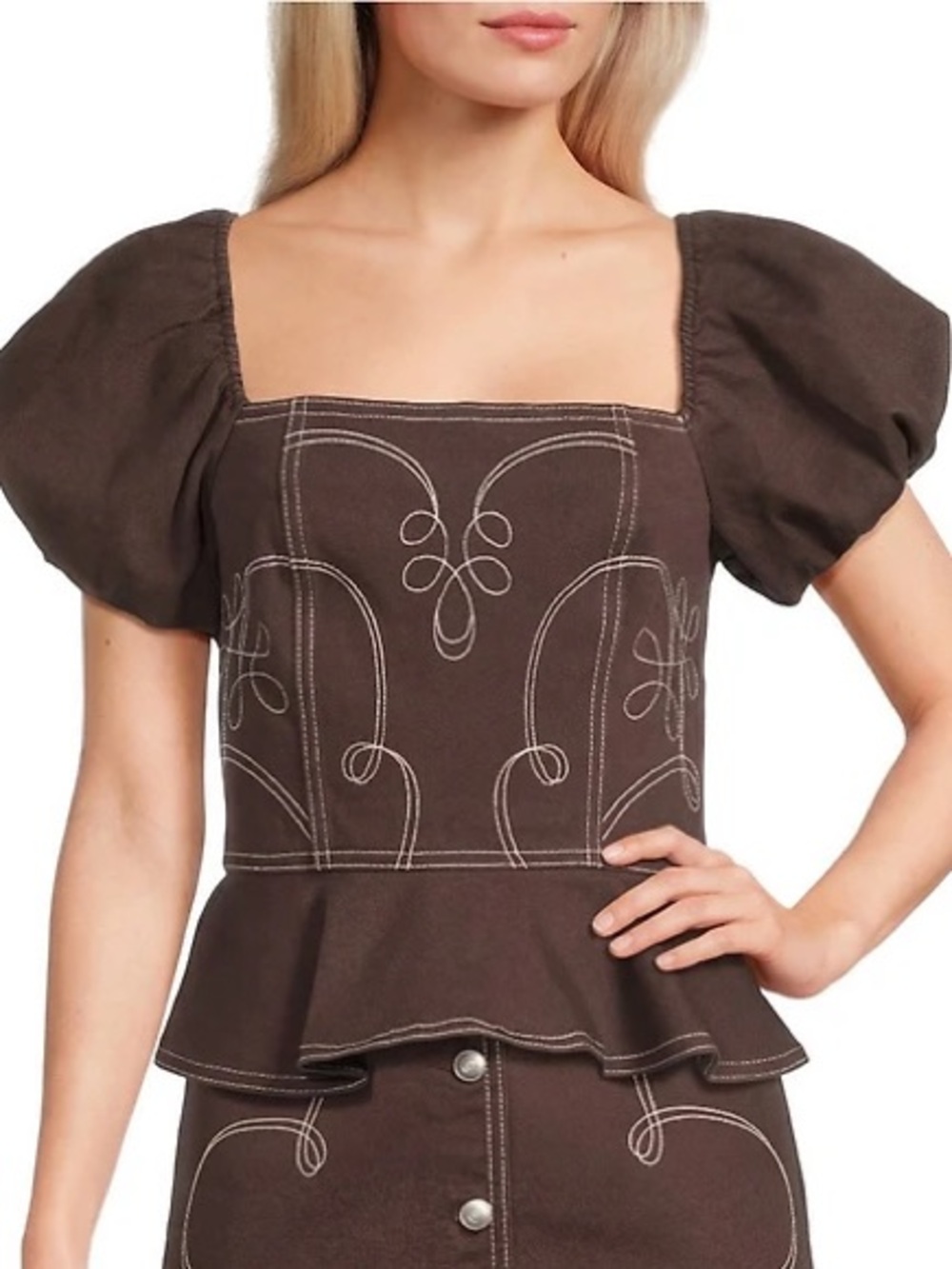 GB Peplum Wmn L Brown Western Contrast‎ Stitch boho rodeo puffed sleeves top